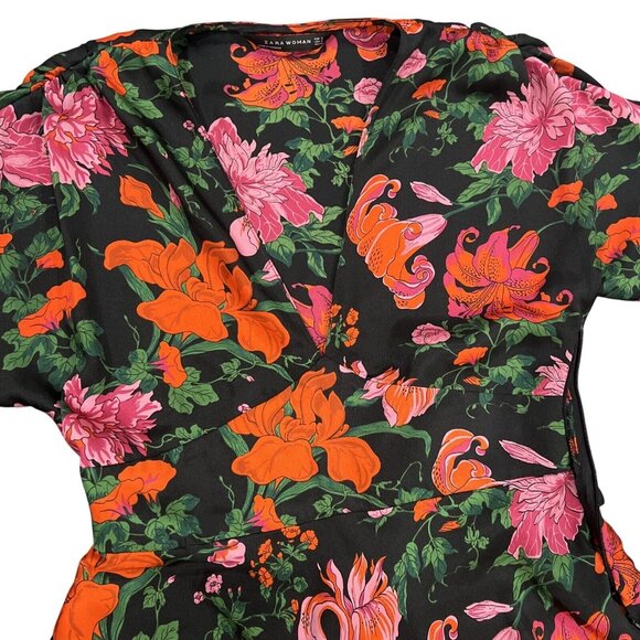 Zara Woman Black Floral Wrap Dress With Vibrant Pink & Orange Flowers Size M - Picture 2 of 7